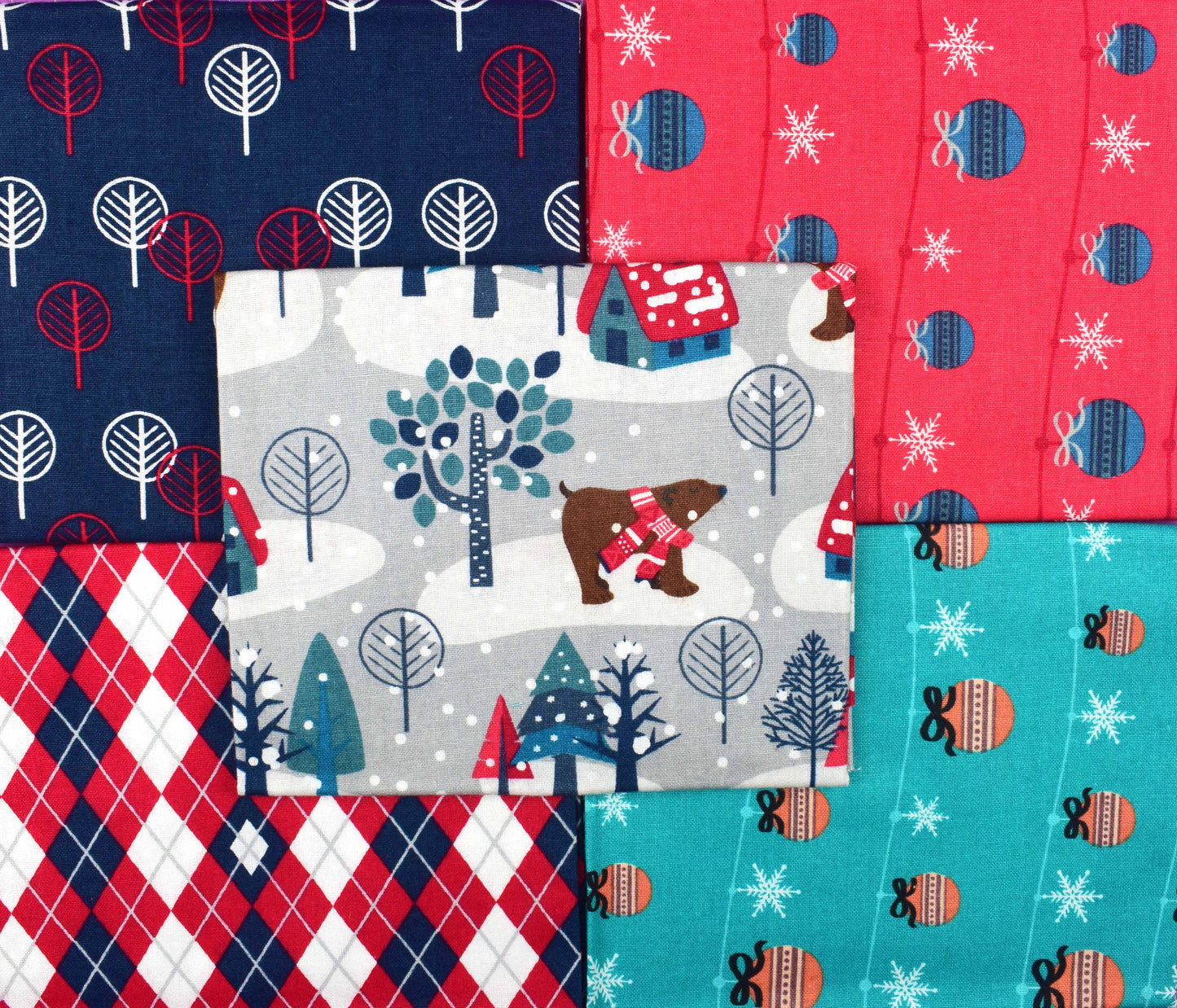 Festive Mountains fat Quarter Bundle, cotton quilting fabric, Christmas fabric