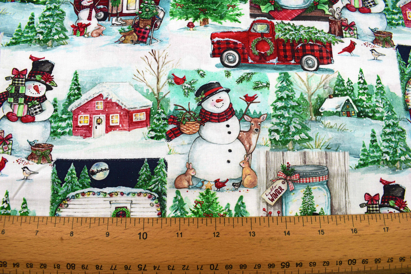 Winter Barns & Snowmen Cotton Fabric – Rustic Christmas Countryside Print - Price by Half Metre