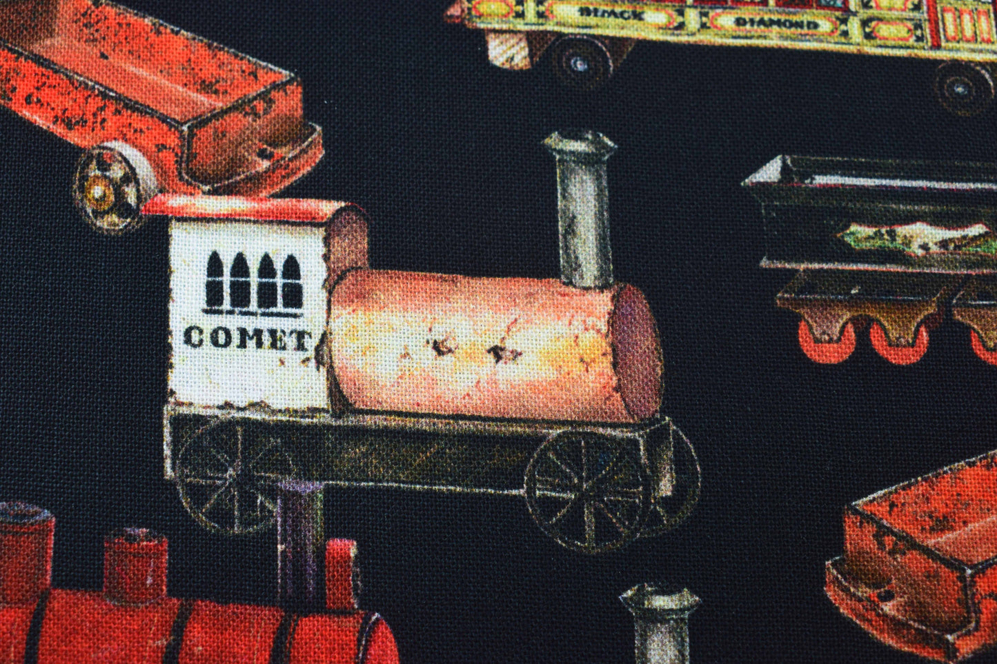 Vintage Toy Trains 100% Cotton Quilting Fabric - Black Background Library of Rarities Robert Kaufman, Price by the Half Metre - The Quilt Sanctuary