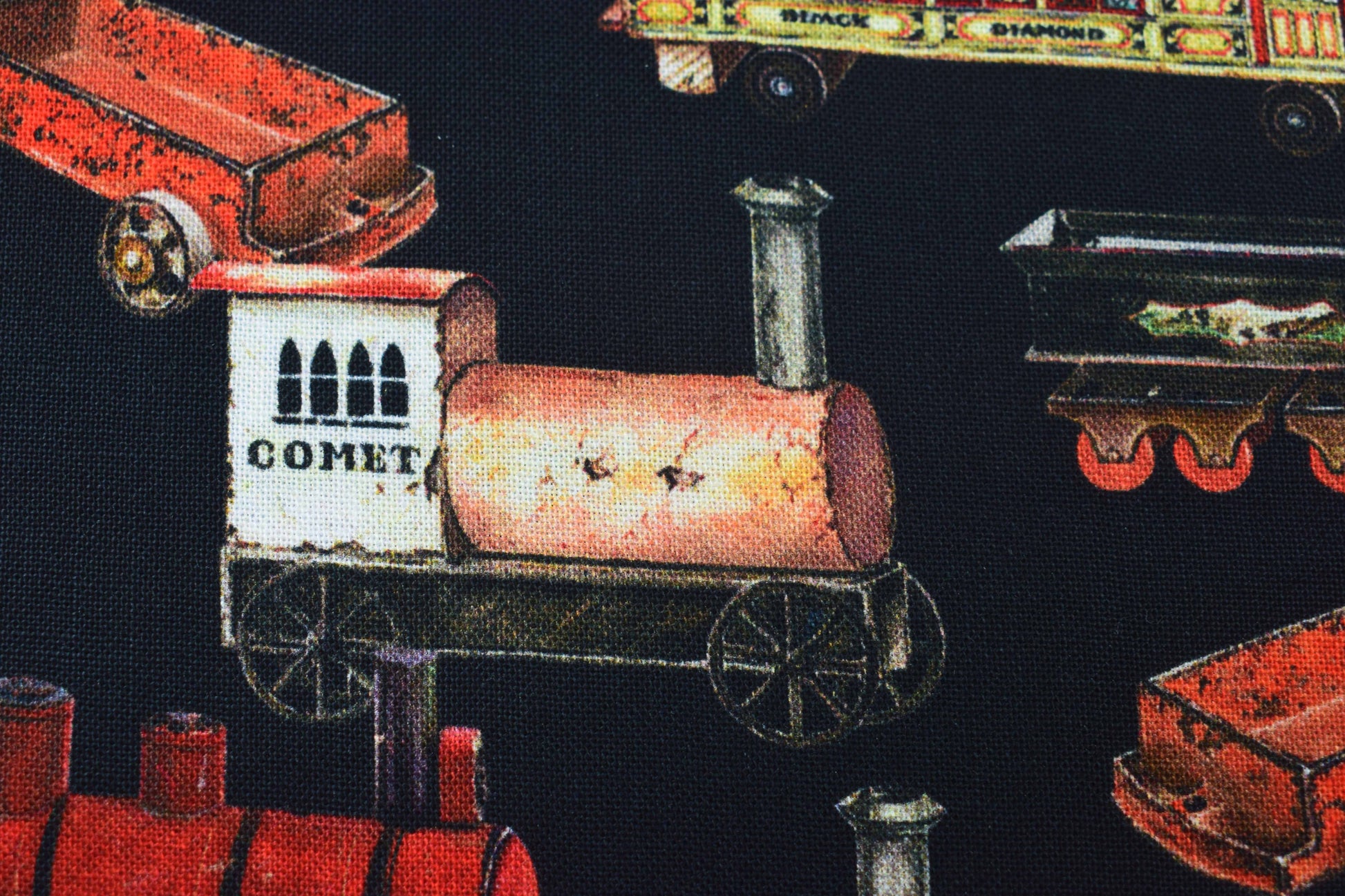 Vintage Toy Trains 100% Cotton Quilting Fabric - Black Background Library of Rarities Robert Kaufman, Price by the Half Metre - The Quilt Sanctuary