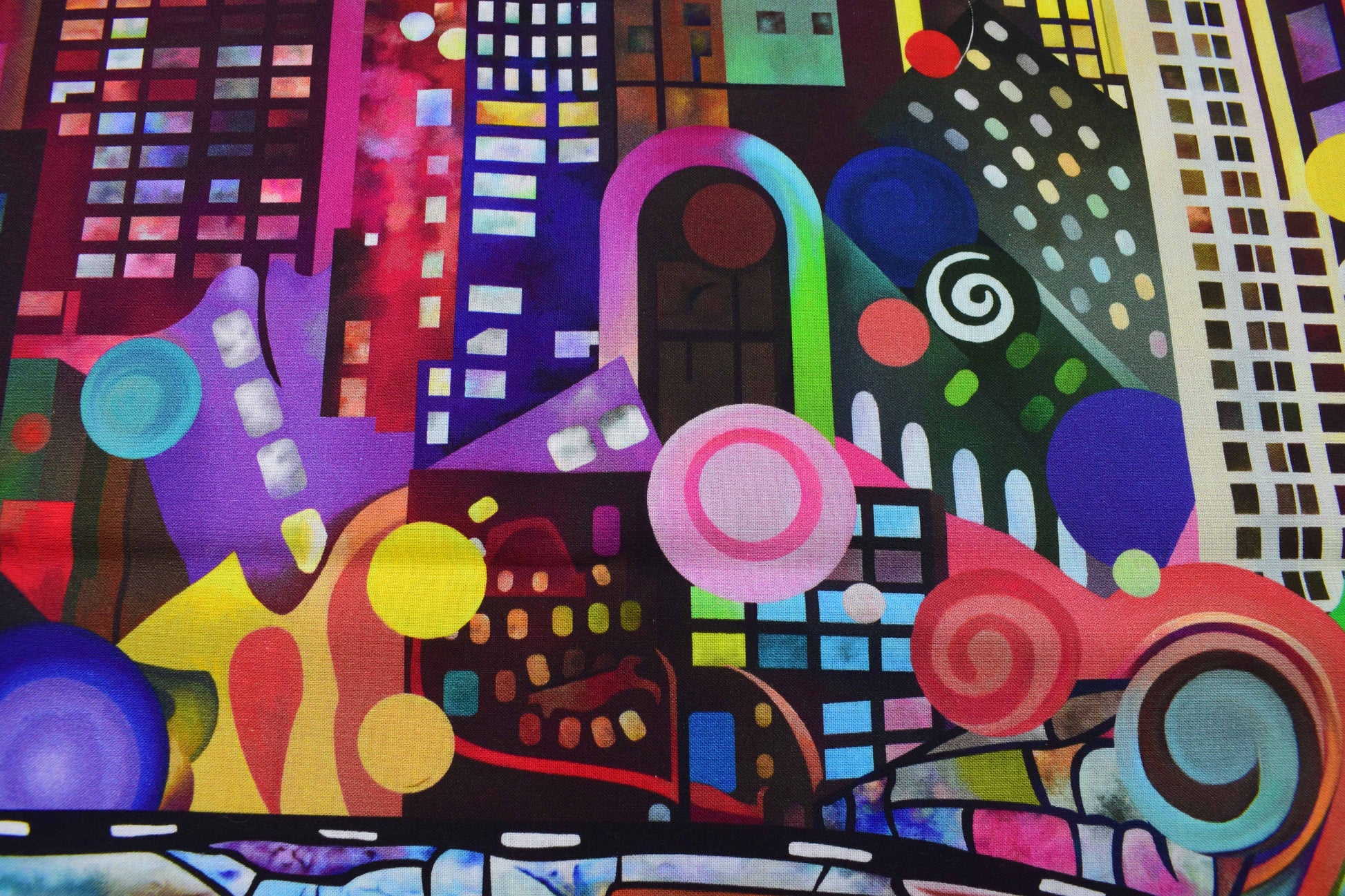Vibrant City Skyline Quilting Panel, Colourful Abstract Metropolis Fabric Art - The Quilt Sanctuary