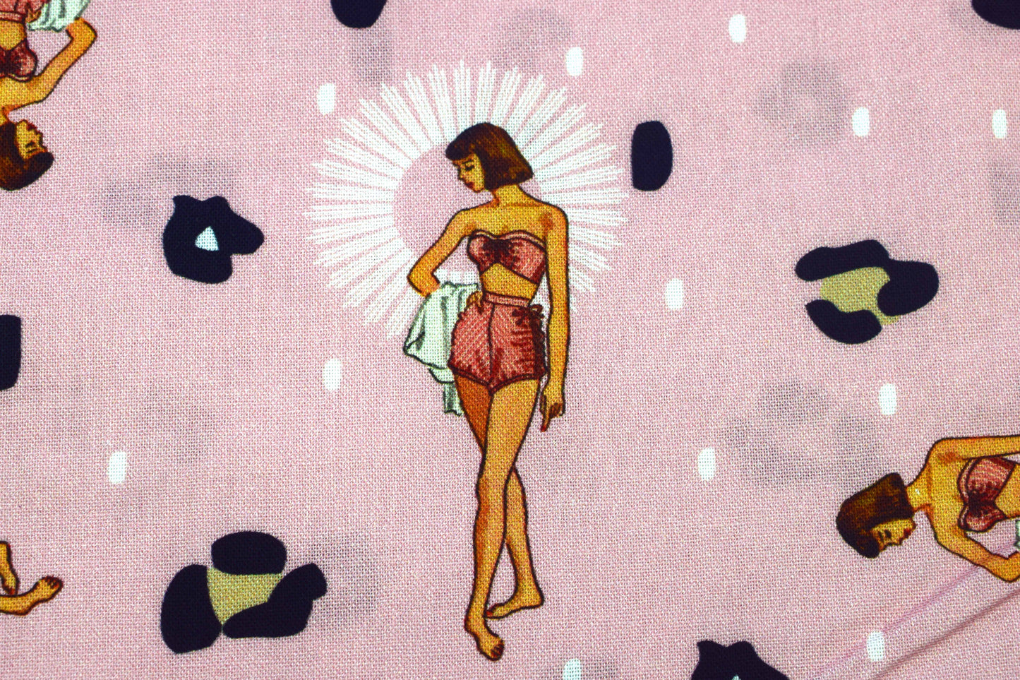 Retro Pin-Up Girl Fabric, Pink Kitsch Leopard Print Cotton -  Price by the Half Metre