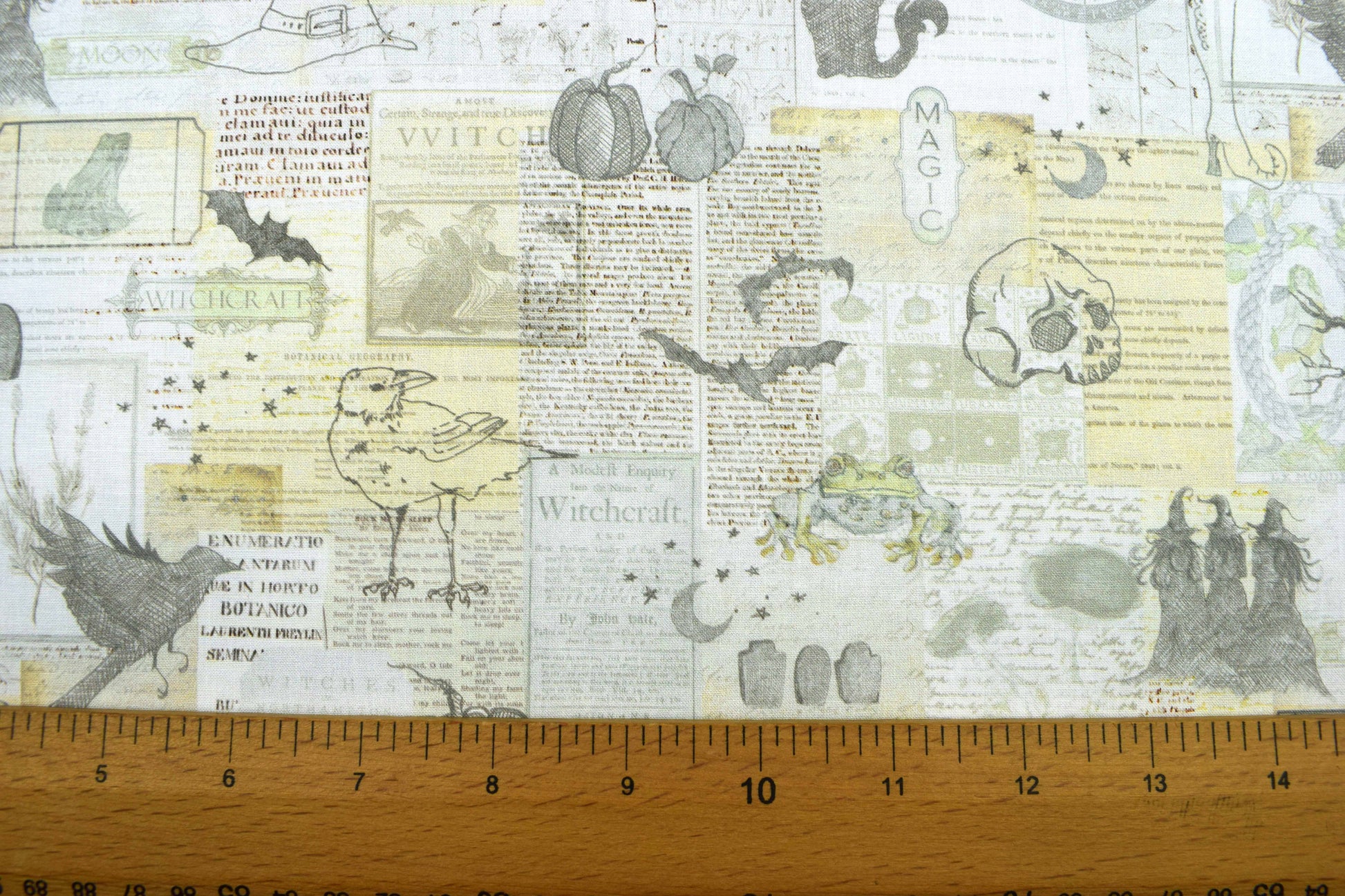 Witchcraft Halloween Quilting Fabric, Gothic Newspaper Print Cotton- Price per half Metre - The Quilt Sanctuary