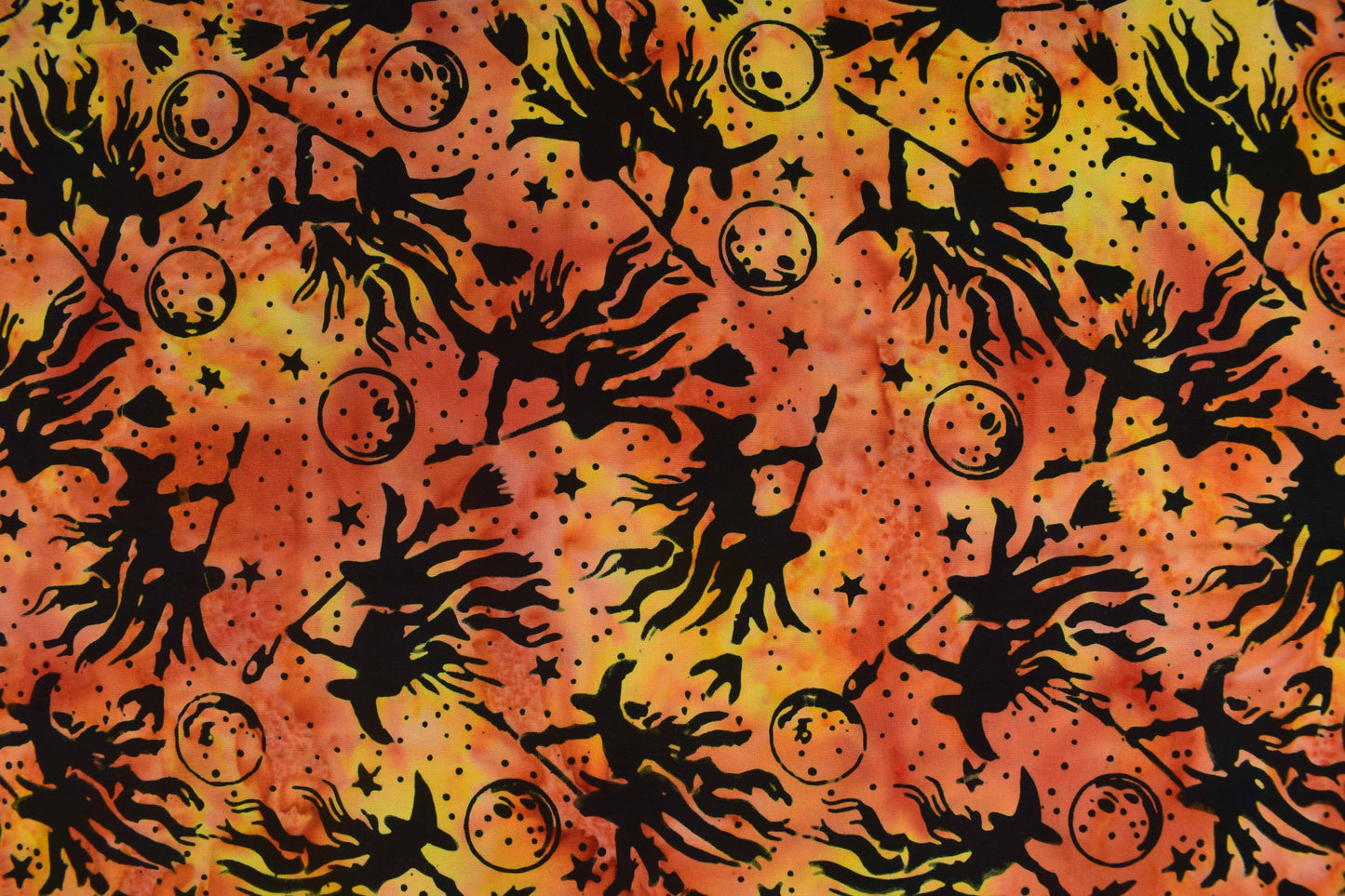 Flying Witch Halloween Batik Fabric, Fiery Orange Quilting Cotton - Price per half Metre
