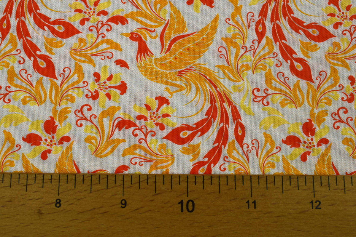 Phoenix Golden Flight Quilting Fabric, Orange Yellow Bird & Floral Print -  Price by the Half Metre
