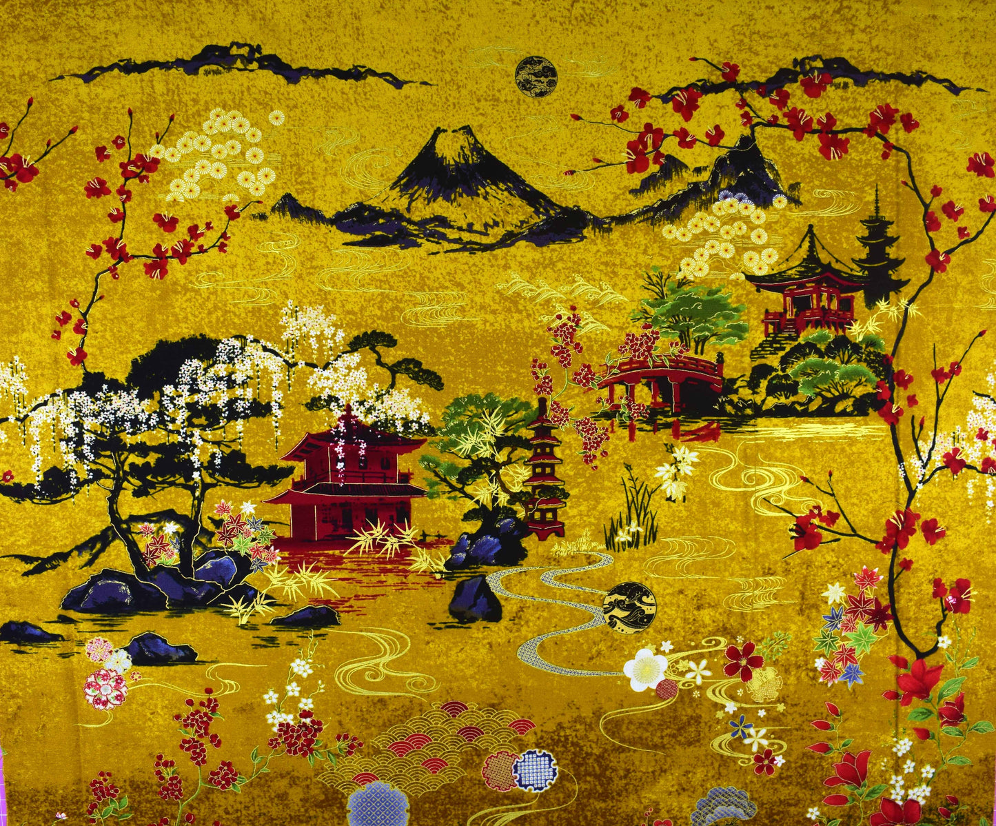 Lotus Garden fabric panel, Japanese Quilting panel - The Quilt Sanctuary