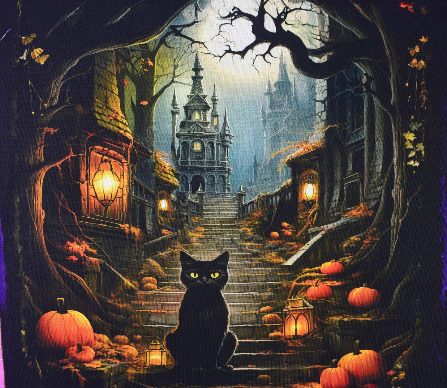 Halloween fabric quilting panel, Cats, Witches and haunted house