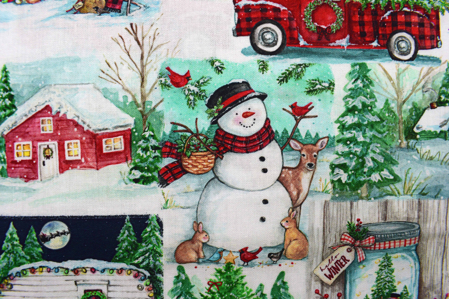Winter Barns & Snowmen Cotton Fabric – Rustic Christmas Countryside Print - Price by Half Metre