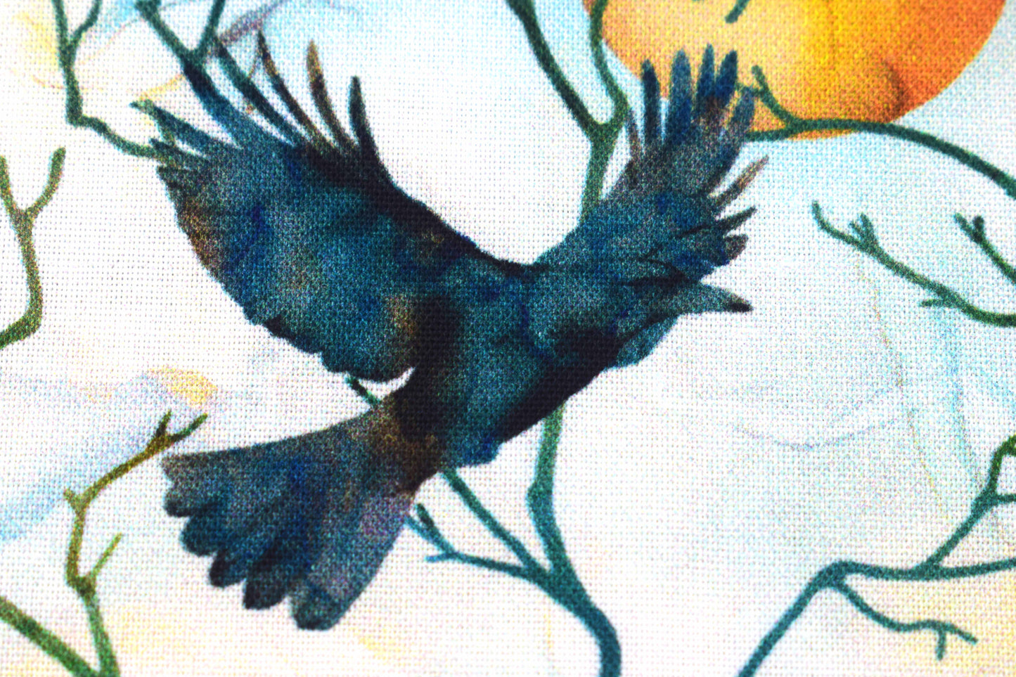 Raven Moon Quilting Fabric - Black Crows & Full Moon Watercolour Cotton - Price per half Metre