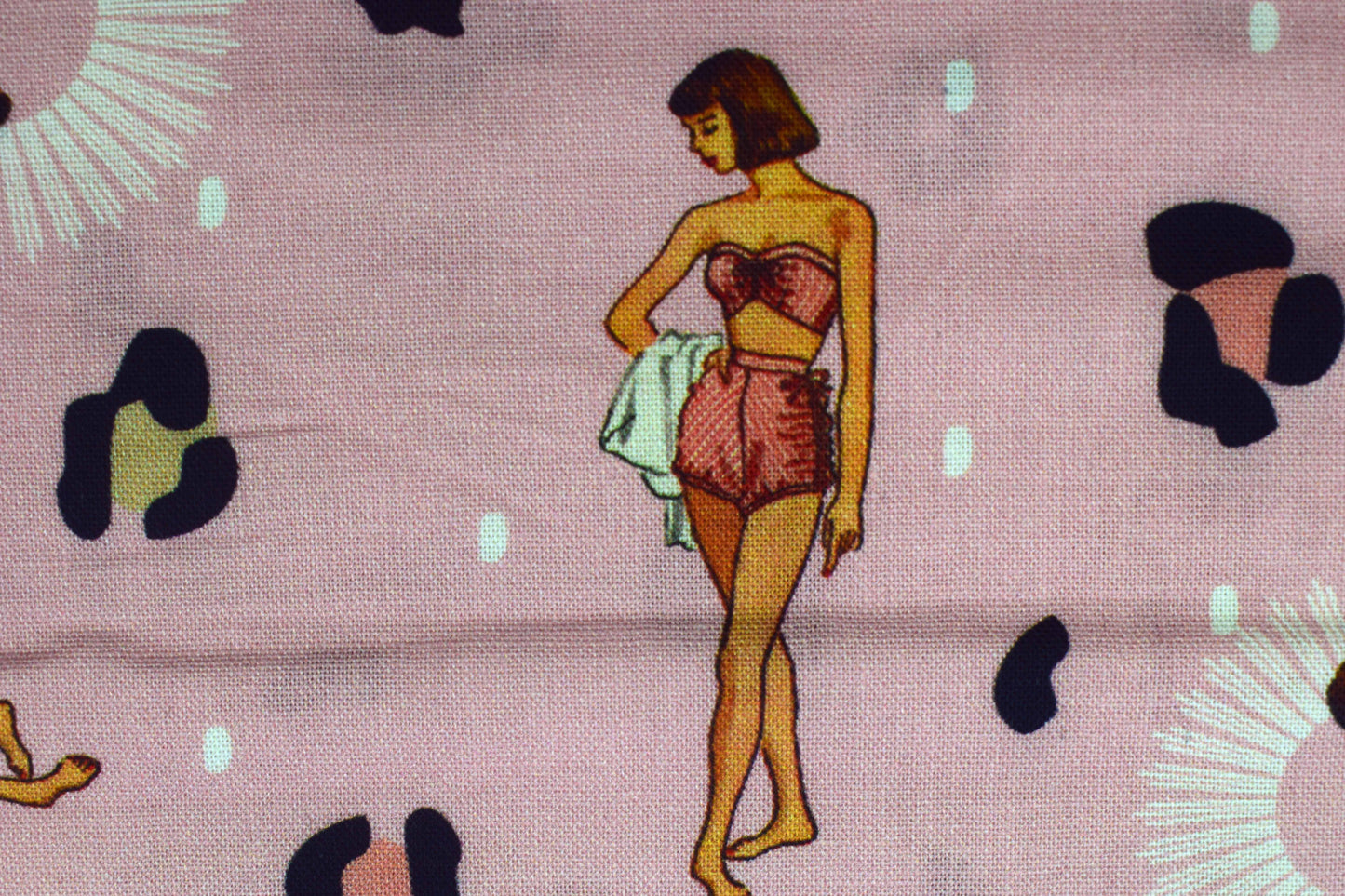 Retro Pin-Up Girl Fabric, Pink Kitsch Leopard Print Cotton -  Price by the Half Metre