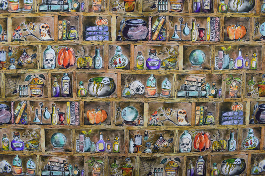 Witch's Apothecary Shelf Halloween Cotton Quilting Fabric - Price per half Metre - The Quilt Sanctuary