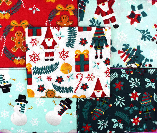 Gnome Christmas fat Quarter Bundle, cotton quilting fabric, Christmas fabric,