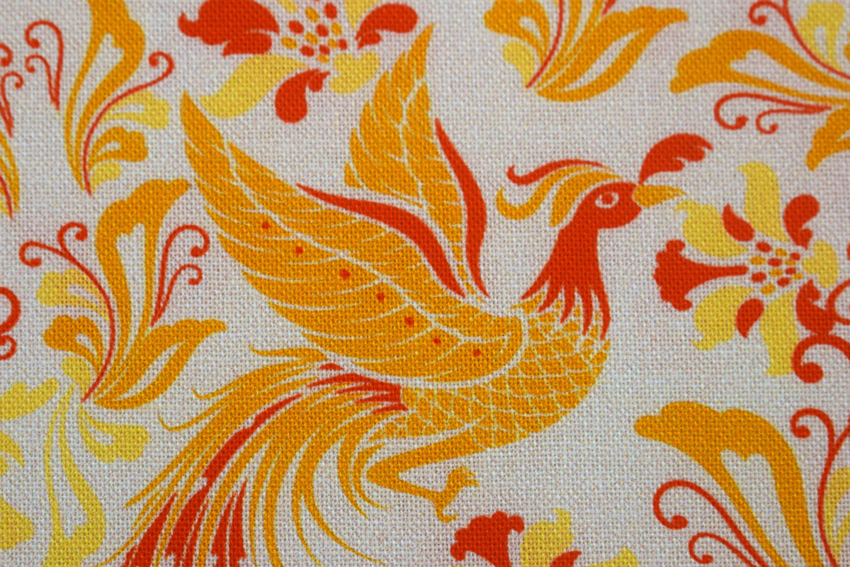 Phoenix Golden Flight Quilting Fabric, Orange Yellow Bird & Floral Print -  Price by the Half Metre