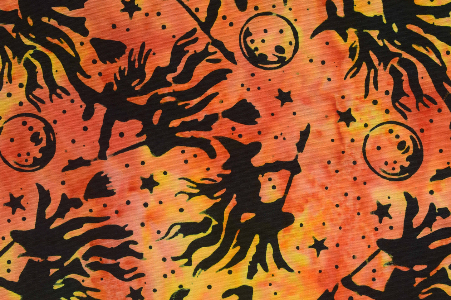 Flying Witch Halloween Batik Fabric, Fiery Orange Quilting Cotton - Price per half Metre