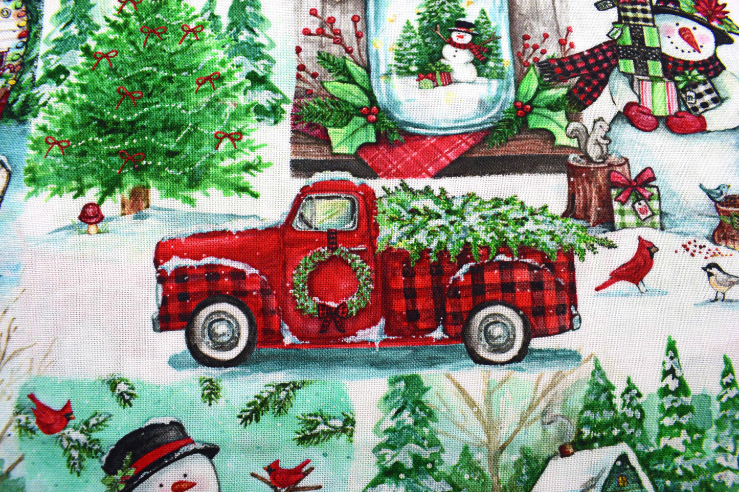 Winter Barns & Snowmen Cotton Fabric – Rustic Christmas Countryside Print - Price by Half Metre