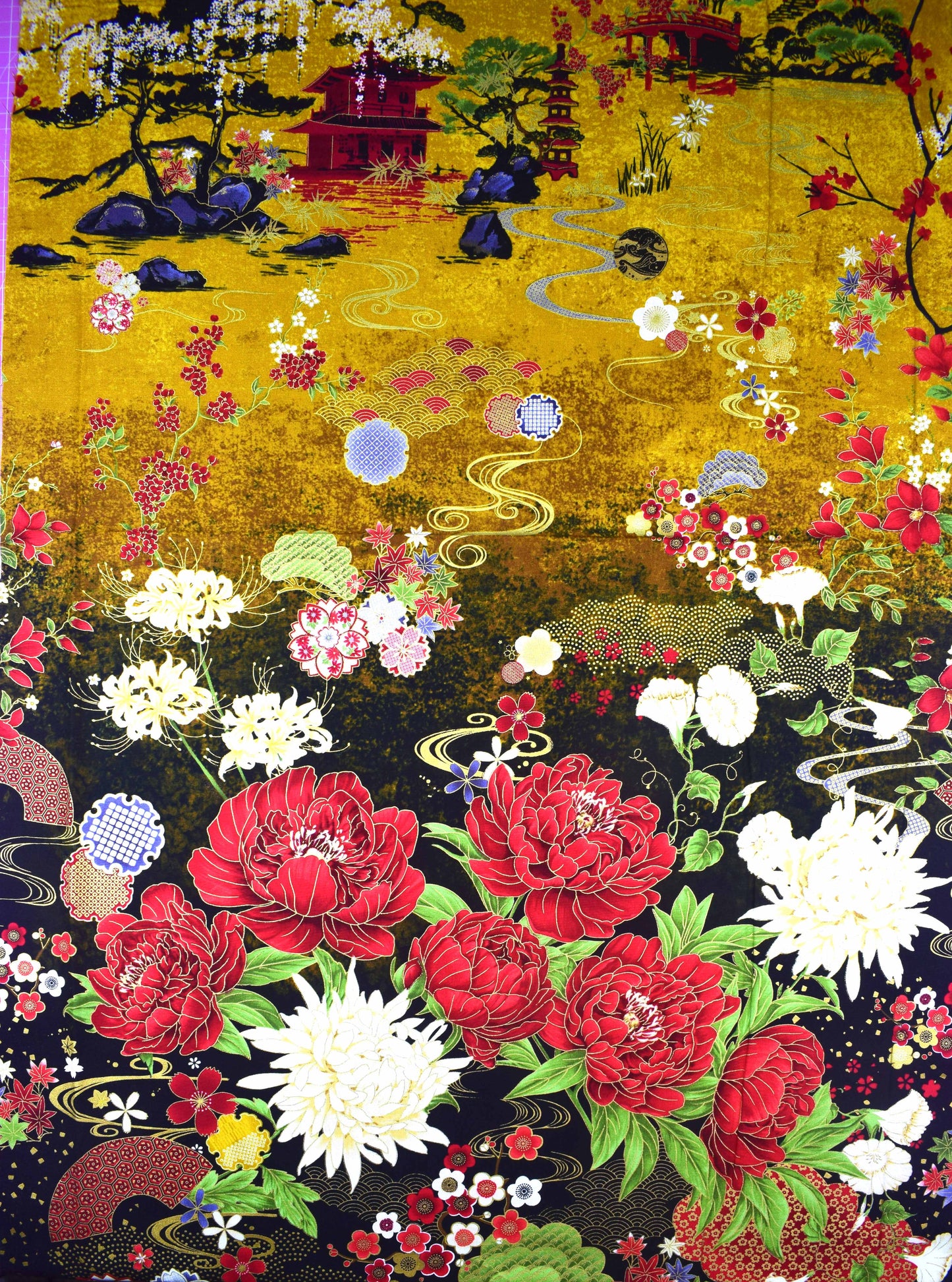 Lotus Garden fabric panel, Japanese Quilting panel - The Quilt Sanctuary