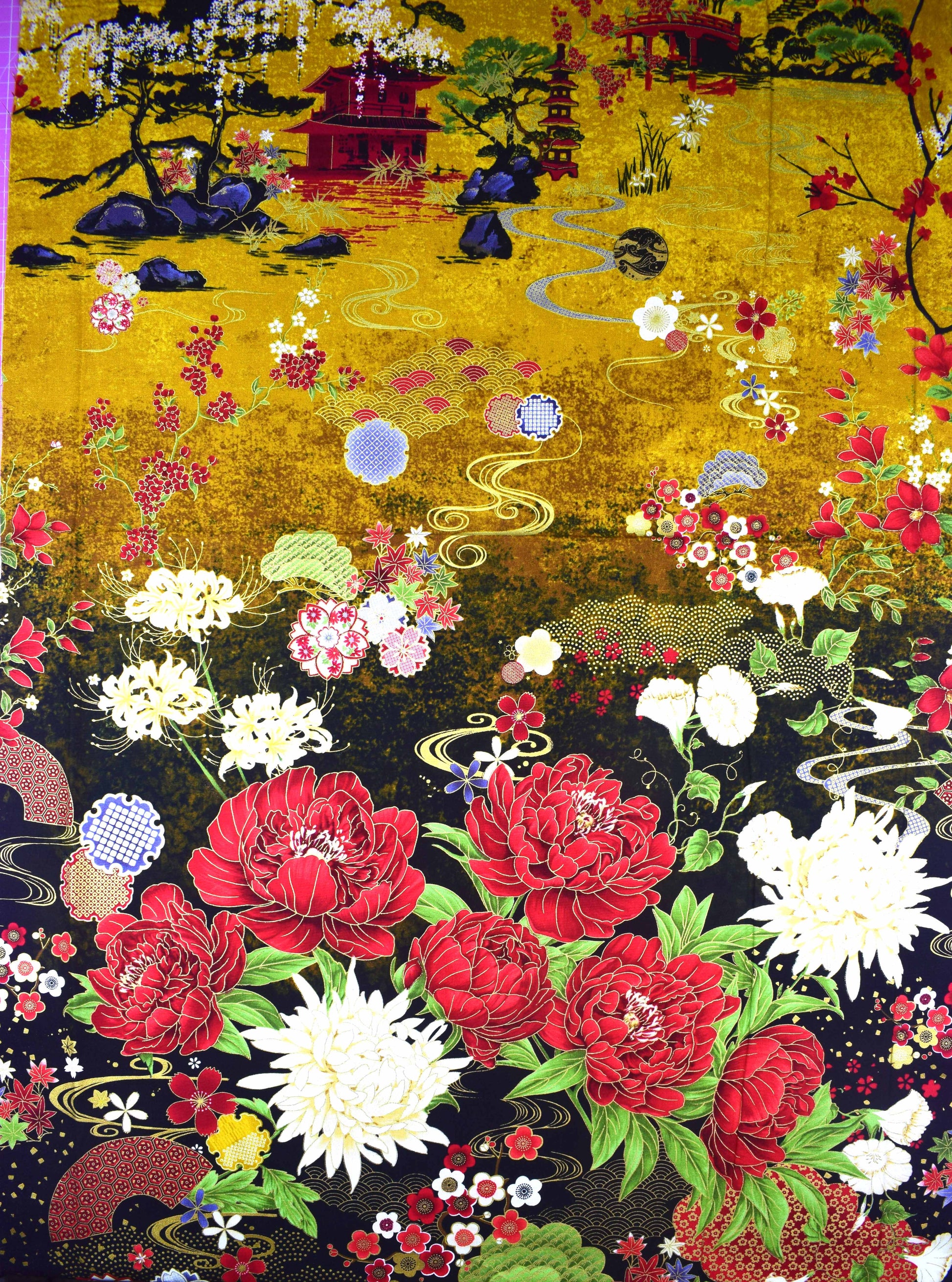 Lotus Garden fabric panel, Japanese Quilting panel - The Quilt Sanctuary