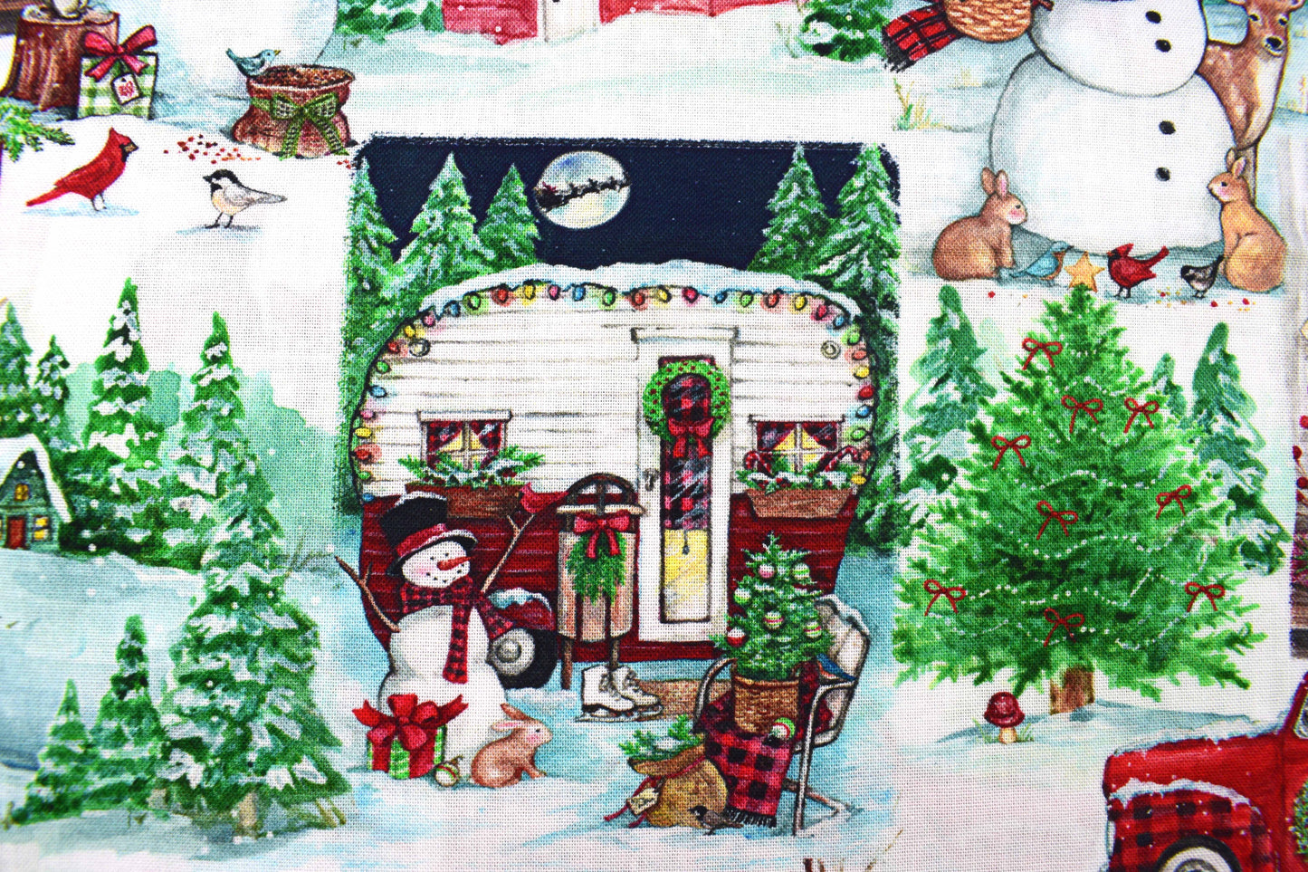 Winter Barns & Snowmen Cotton Fabric – Rustic Christmas Countryside Print - Price by Half Metre
