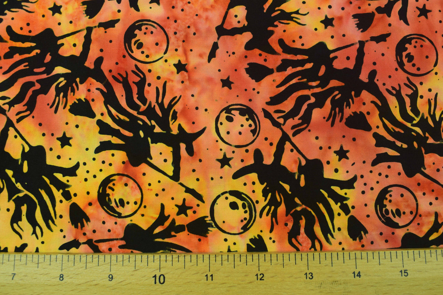 Flying Witch Halloween Batik Fabric, Fiery Orange Quilting Cotton - Price per half Metre