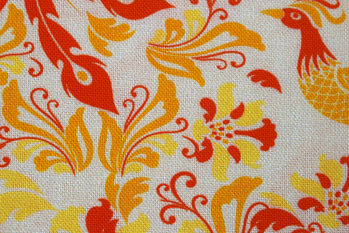 Phoenix Golden Flight Quilting Fabric, Orange Yellow Bird & Floral Print -  Price by the Half Metre