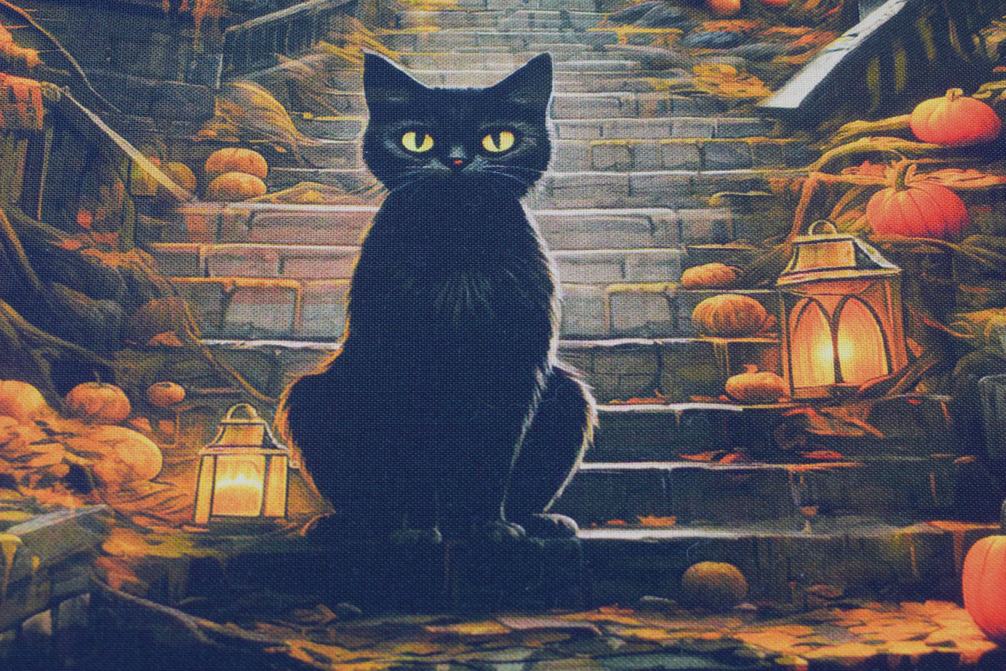 Halloween fabric quilting panel, Cats, Witches and haunted house