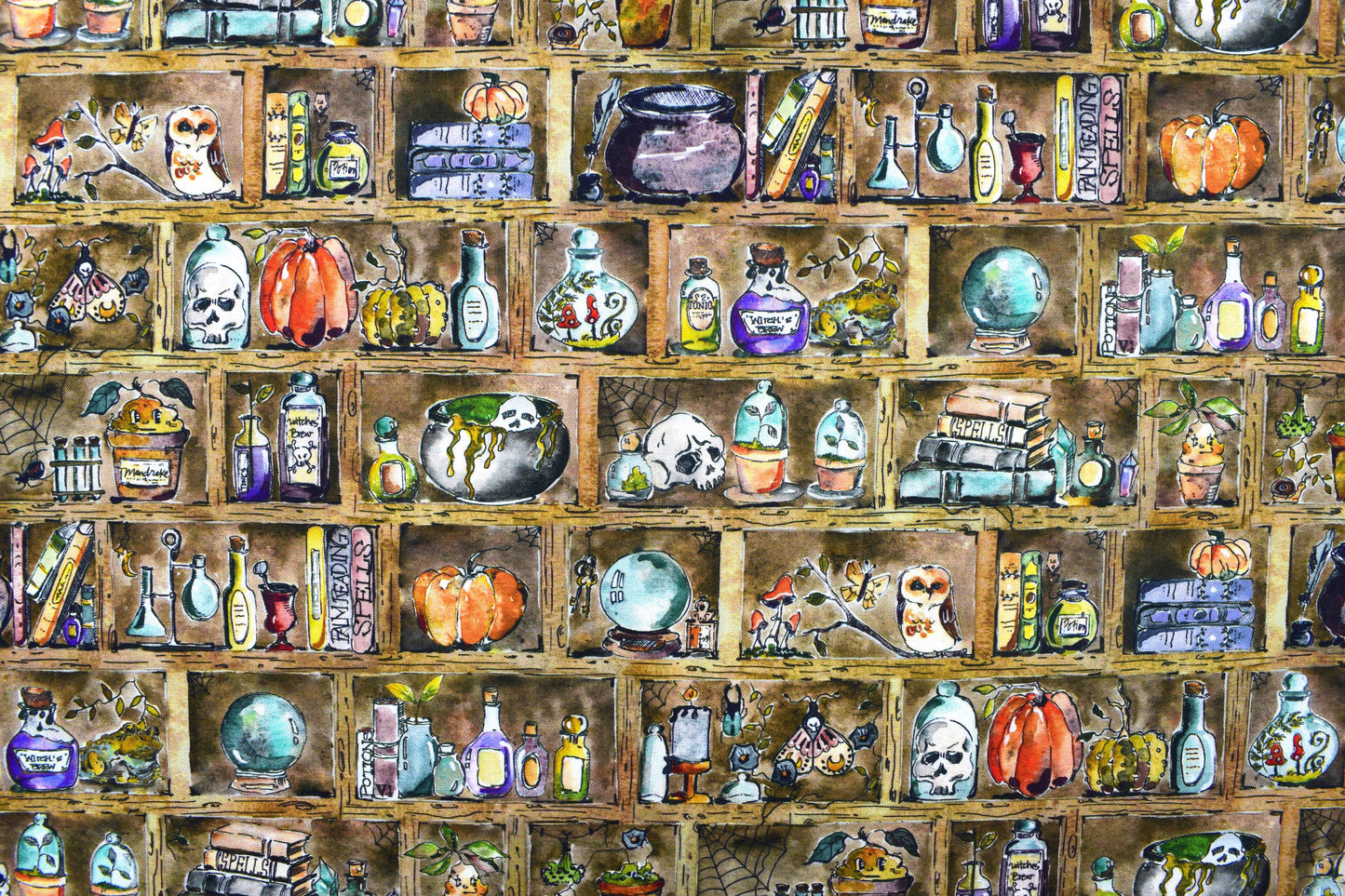 Witch's Apothecary Shelf Halloween Cotton Quilting Fabric - Price per half Metre - The Quilt Sanctuary