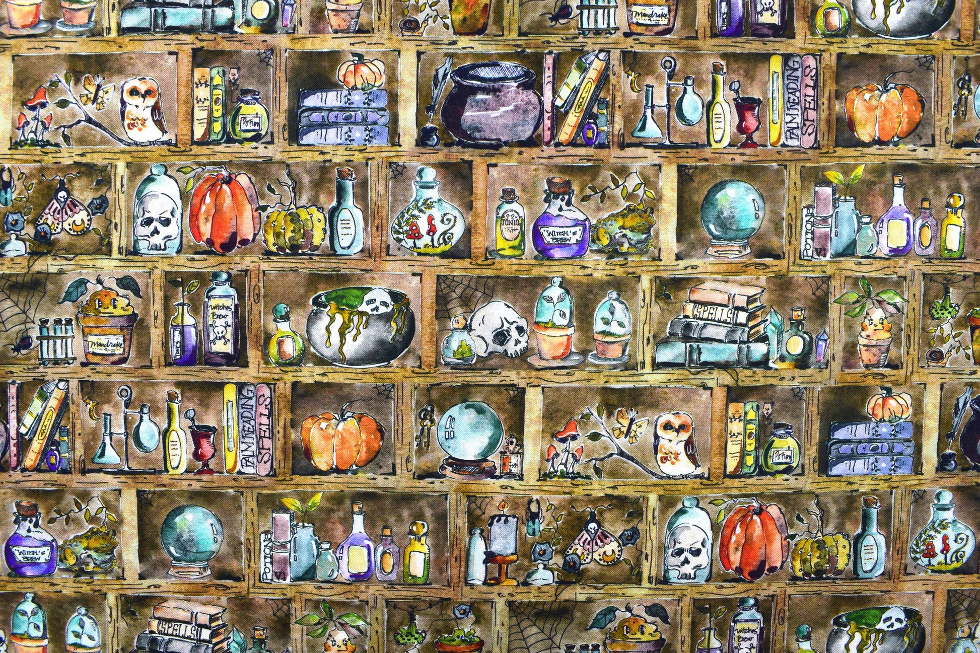 Witch's Apothecary Shelf Halloween Cotton Quilting Fabric - Price per half Metre - The Quilt Sanctuary