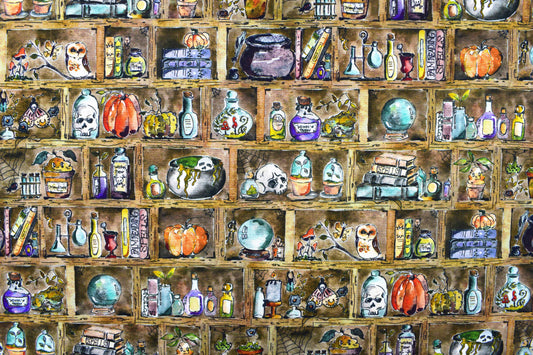 Witch's Apothecary Shelf Halloween Cotton Quilting Fabric - Price per half Metre - The Quilt Sanctuary