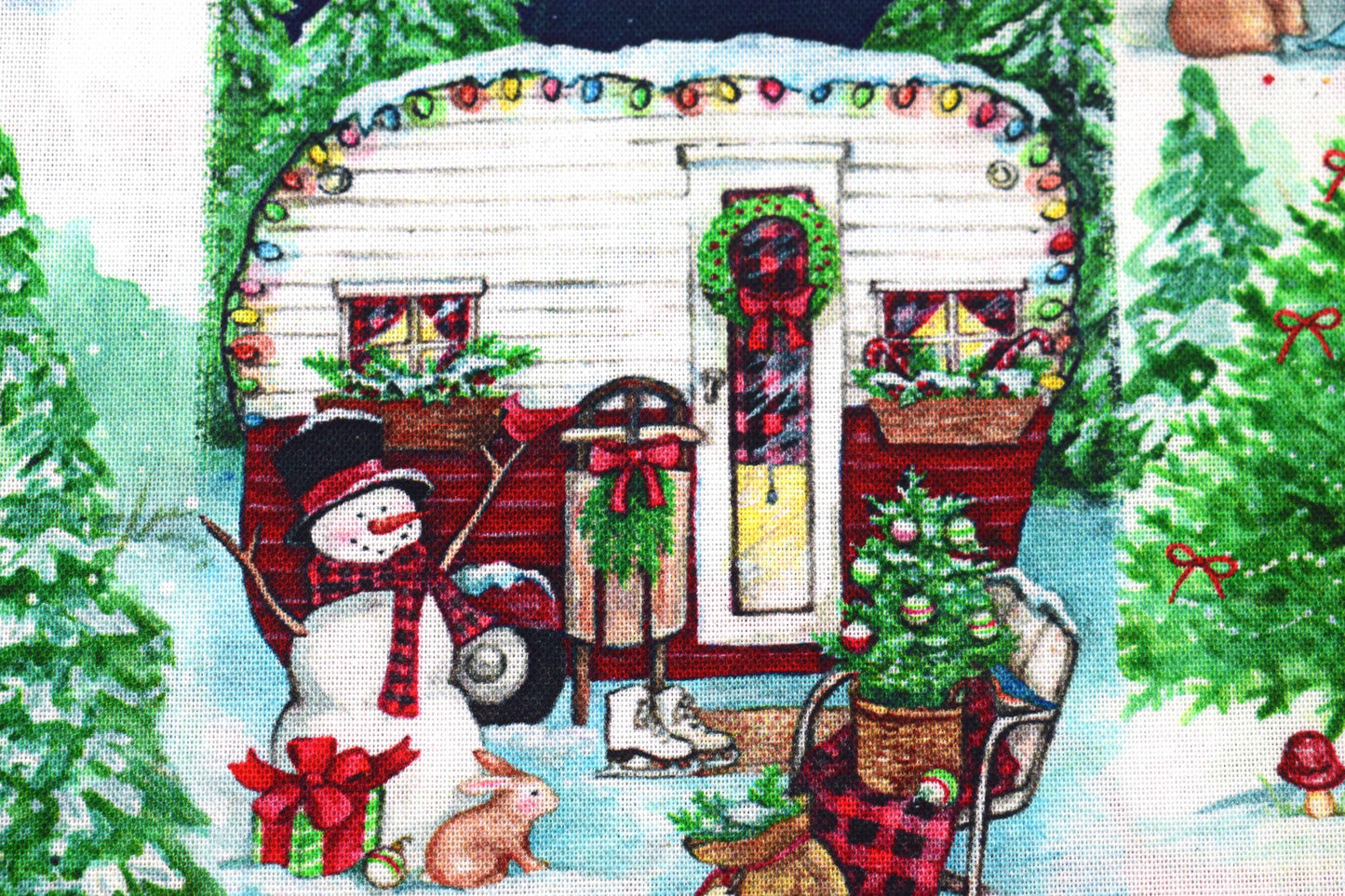 Winter Barns & Snowmen Cotton Fabric – Rustic Christmas Countryside Print - Price by Half Metre