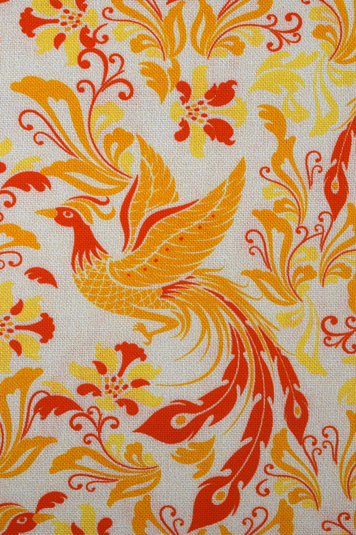 Phoenix Golden Flight Quilting Fabric, Orange Yellow Bird & Floral Print -  Price by the Half Metre