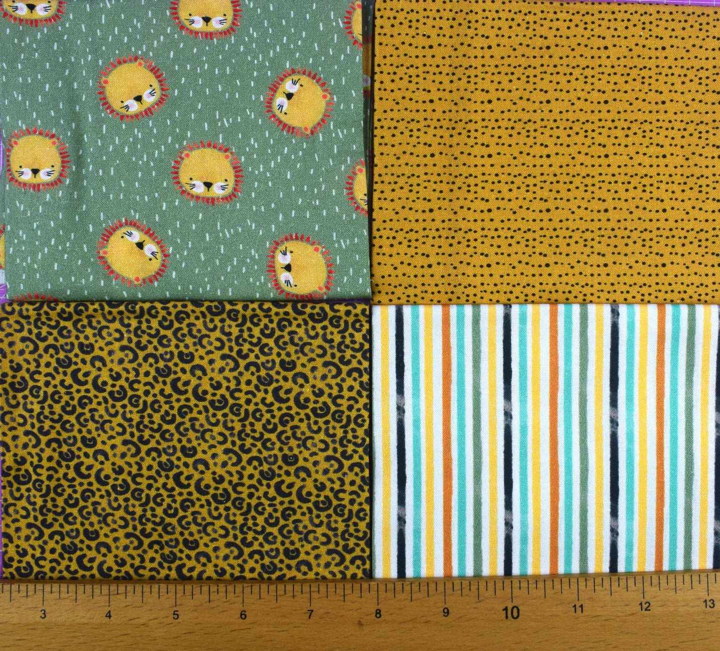Lion Print Cotton Fat Quarter Bundle – Bold Safari & Stripe Quilting Fabrics
