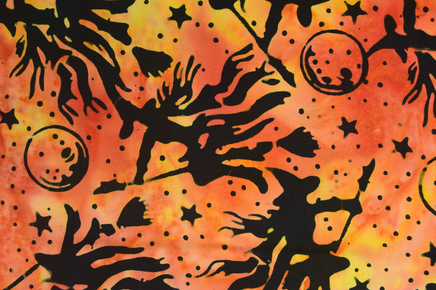 Flying Witch Halloween Batik Fabric, Fiery Orange Quilting Cotton - Price per half Metre