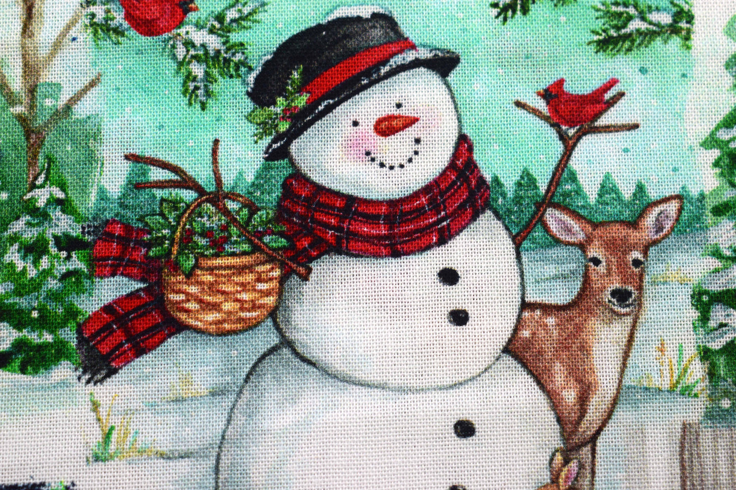 Winter Barns & Snowmen Cotton Fabric – Rustic Christmas Countryside Print - Price by Half Metre