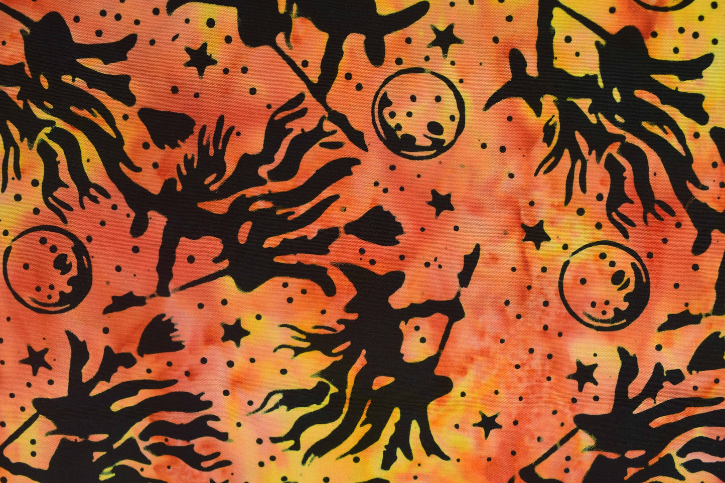 Flying Witch Halloween Batik Fabric, Fiery Orange Quilting Cotton - Price per half Metre