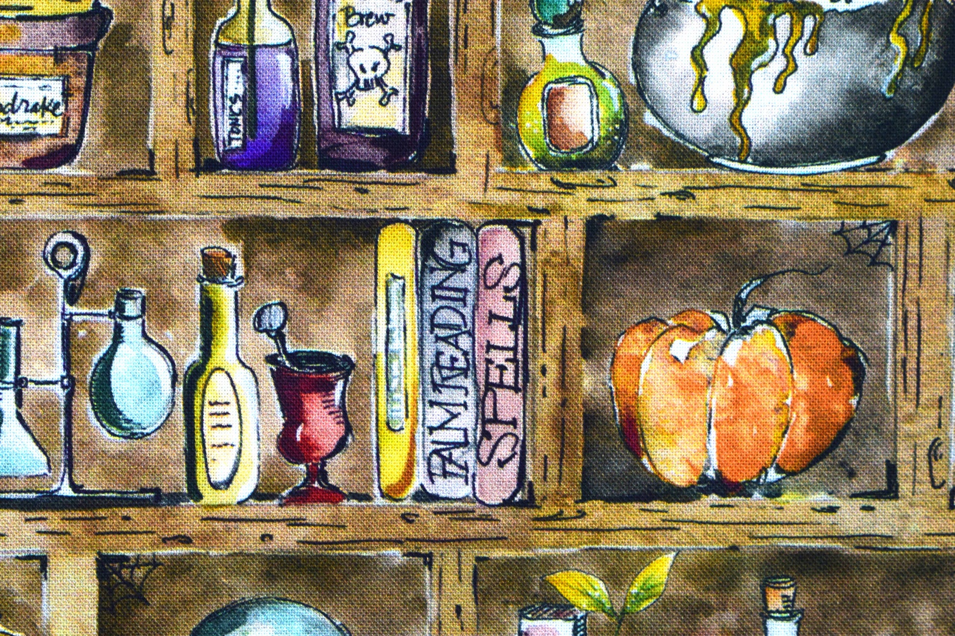 Witch's Apothecary Shelf Halloween Cotton Quilting Fabric - Price per half Metre - The Quilt Sanctuary