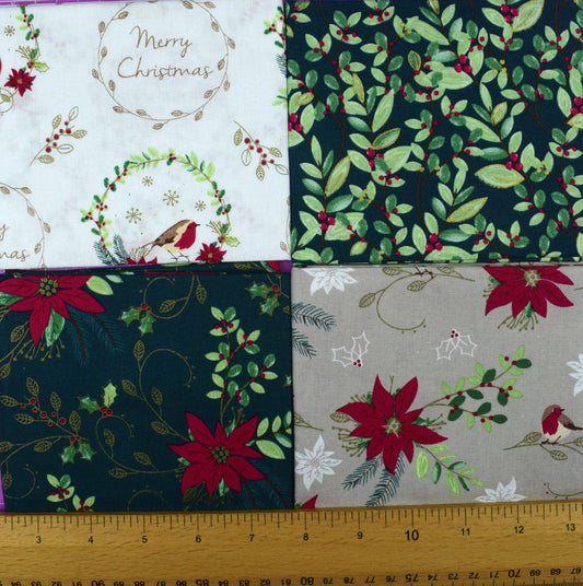 Traditional Christmas Poinsettia Fat Quarter Bundle, Quilting Fabric, Cotton Christmas Fabric - The Quilt Sanctuary