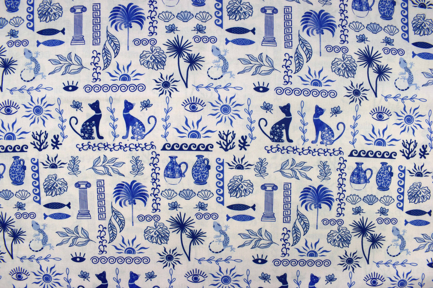 Blue Greek Mosaic Cats & Motifs Quilting Fabric - Price by Half Metre