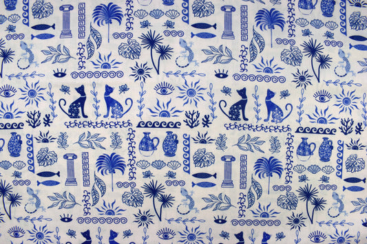Blue Greek Mosaic Cats & Motifs Quilting Fabric - Price by Half Metre