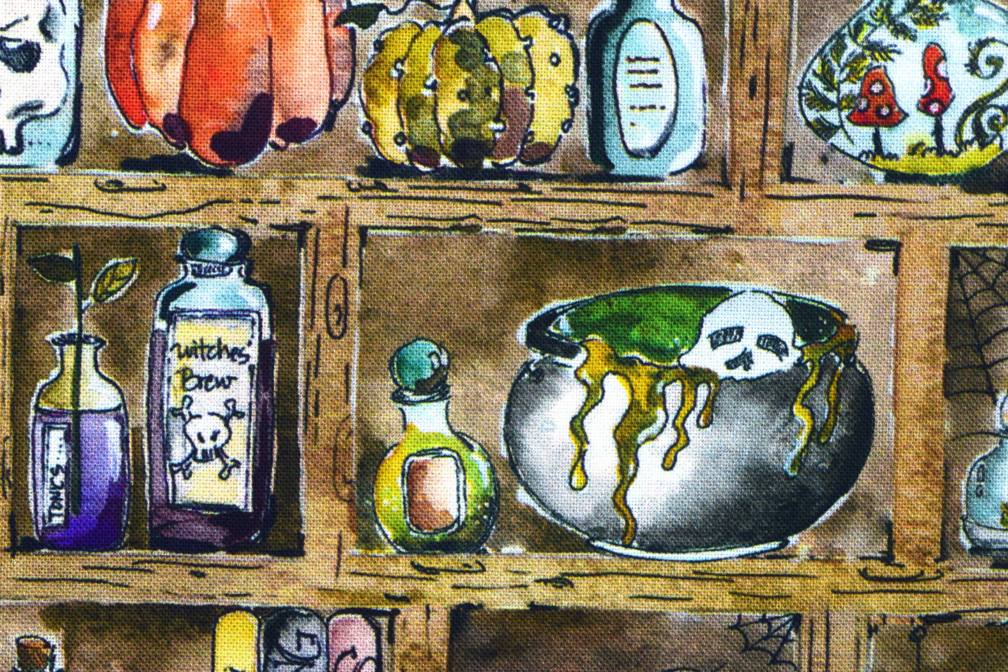 Witch's Apothecary Shelf Halloween Cotton Quilting Fabric - Price per half Metre - The Quilt Sanctuary