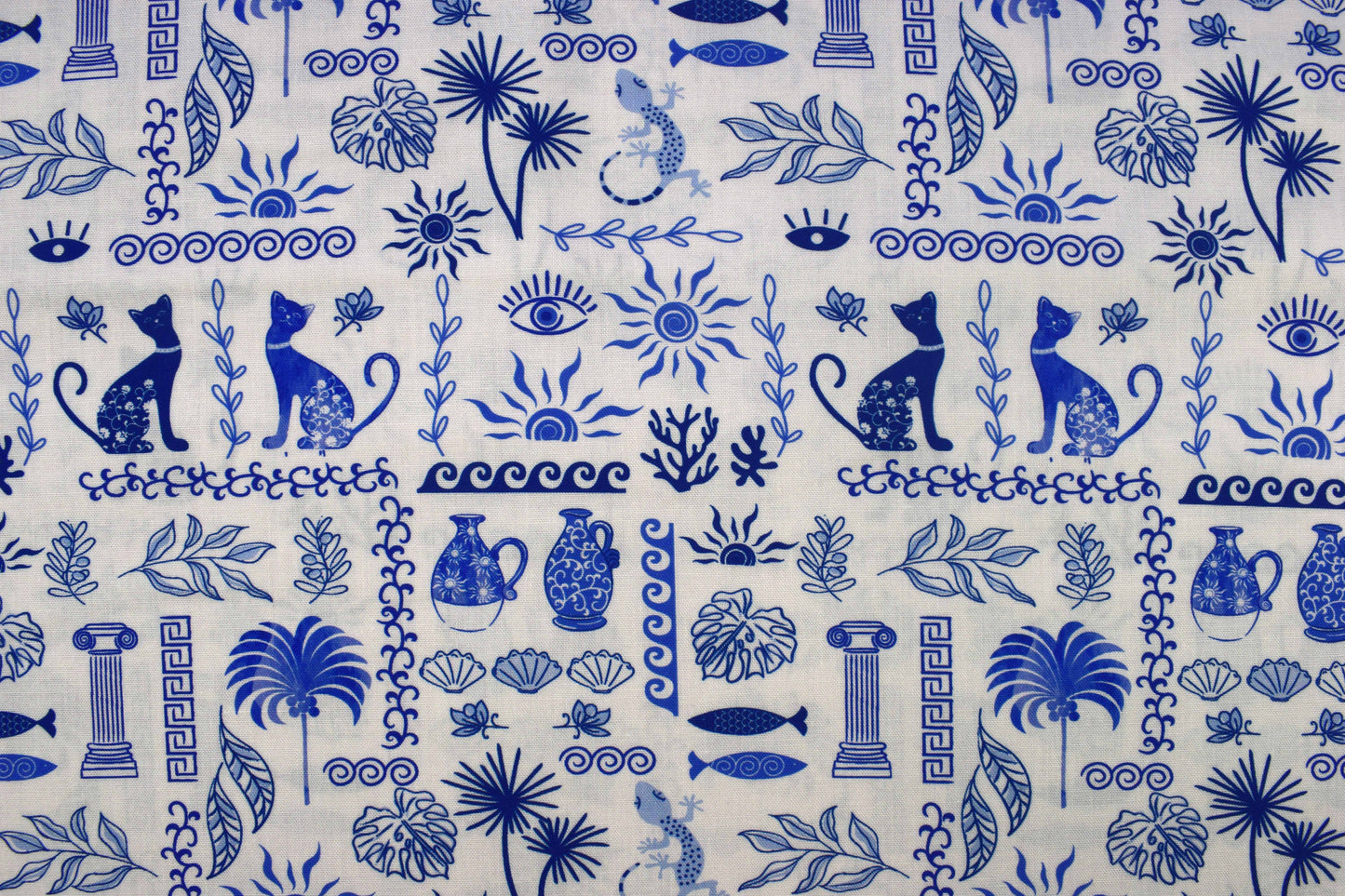 Blue Greek Mosaic Cats & Motifs Quilting Fabric - Price by Half Metre