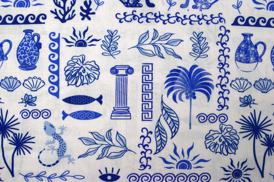 Blue Greek Mosaic Cats & Motifs Quilting Fabric - Price by Half Metre