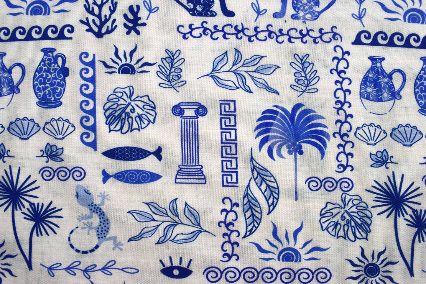 Blue Greek Mosaic Cats & Motifs Quilting Fabric - Price by Half Metre