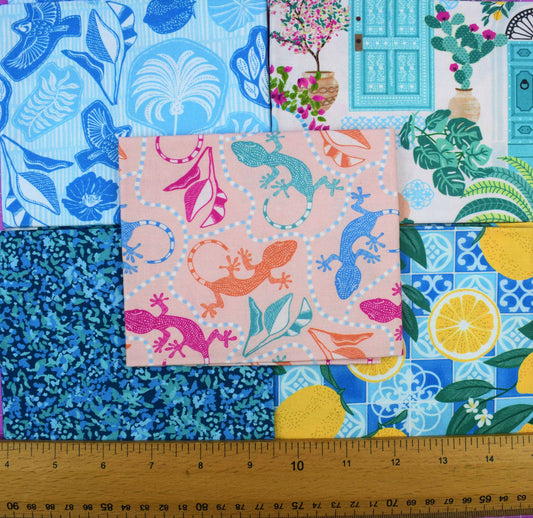 Mediterranean Tropical Cotton Fat Quarter Bundle – Birds Lemons Geckos Prints - The Quilt Sanctuary