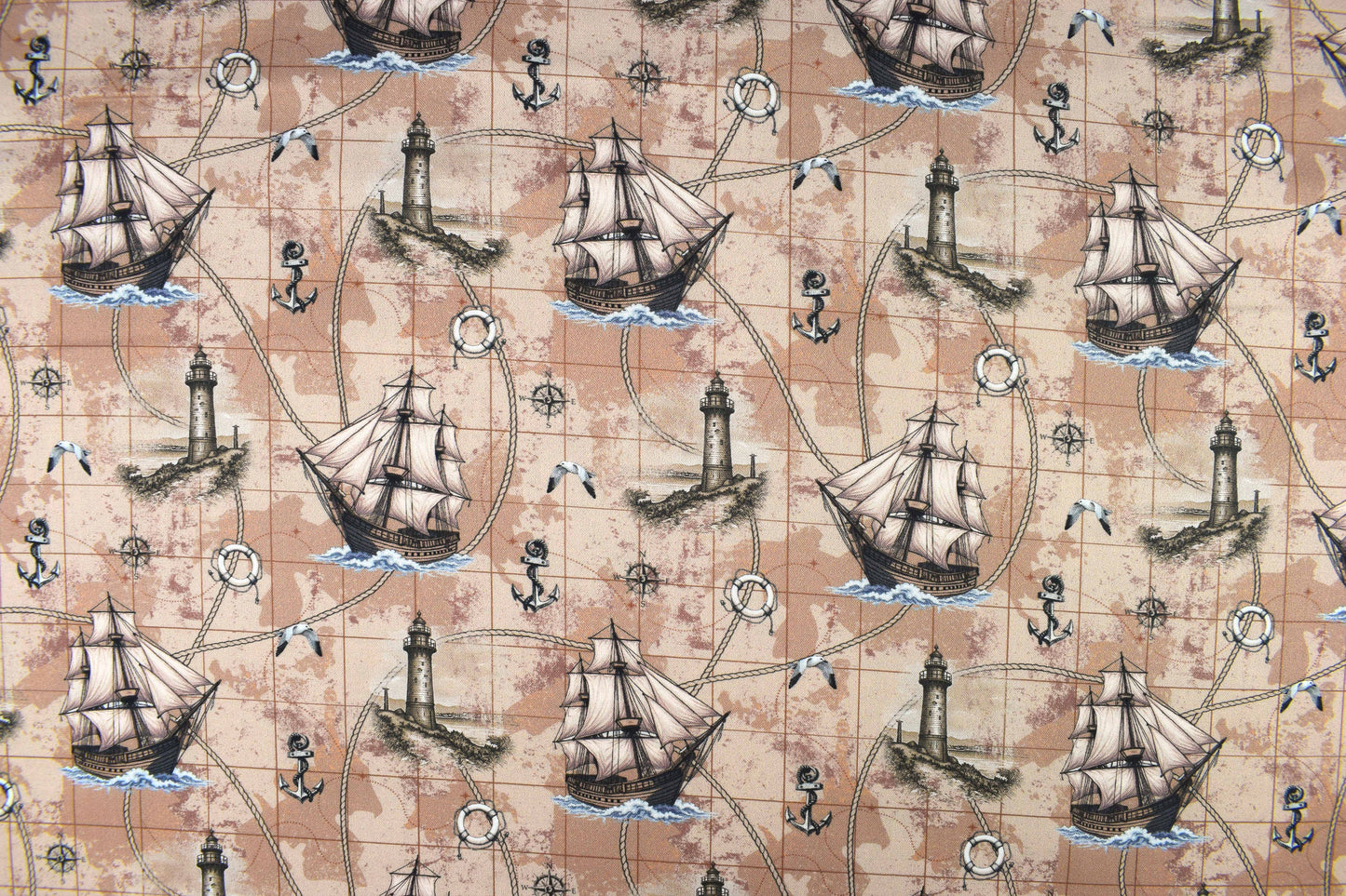 Nautical Map Fabric, Vintage Ship, Lighthouse, & Anchor Print Quilting Cotton - Price by Half Metre - The Quilt Sanctuary