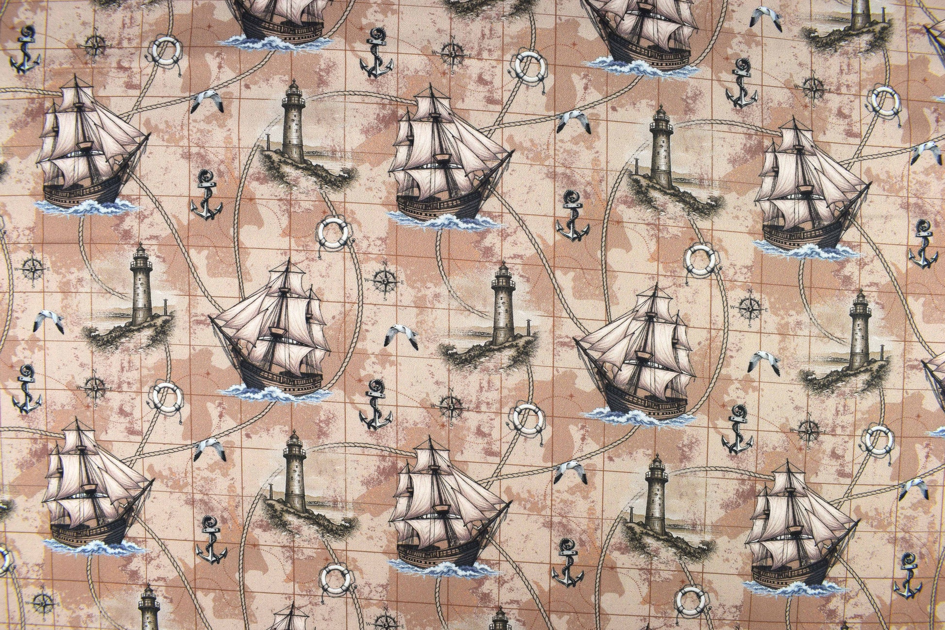 Nautical Map Fabric, Vintage Ship, Lighthouse, & Anchor Print Quilting Cotton - Price by Half Metre - The Quilt Sanctuary
