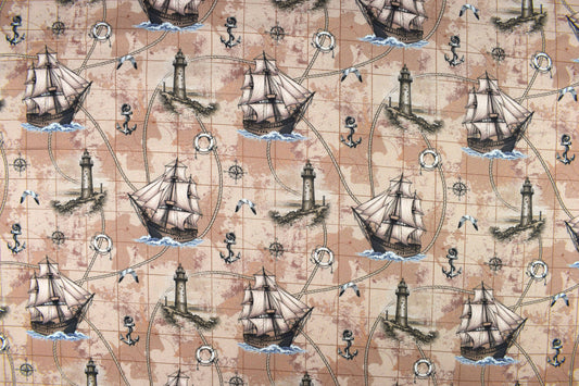 Nautical Map Fabric, Vintage Ship, Lighthouse, & Anchor Print Quilting Cotton - Price by Half Metre