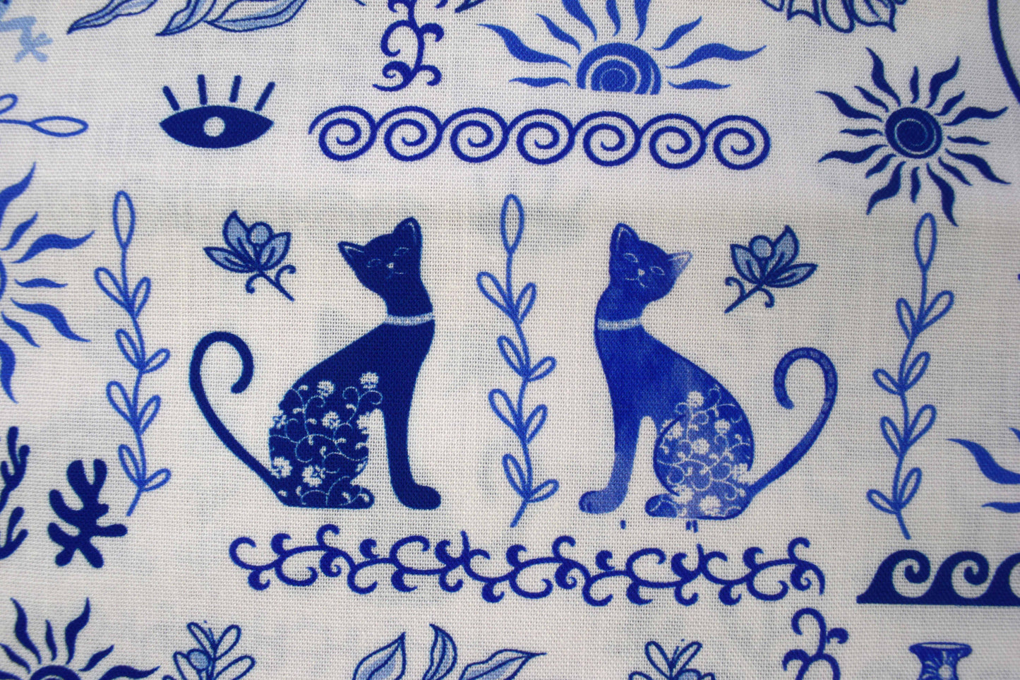 Blue Greek Mosaic Cats & Motifs Quilting Fabric - Price by Half Metre