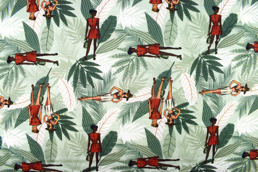 Sunset Safari Tropical Fabric,  Retro Fashion Ladies & Jungle Palm - Price by Half Metre