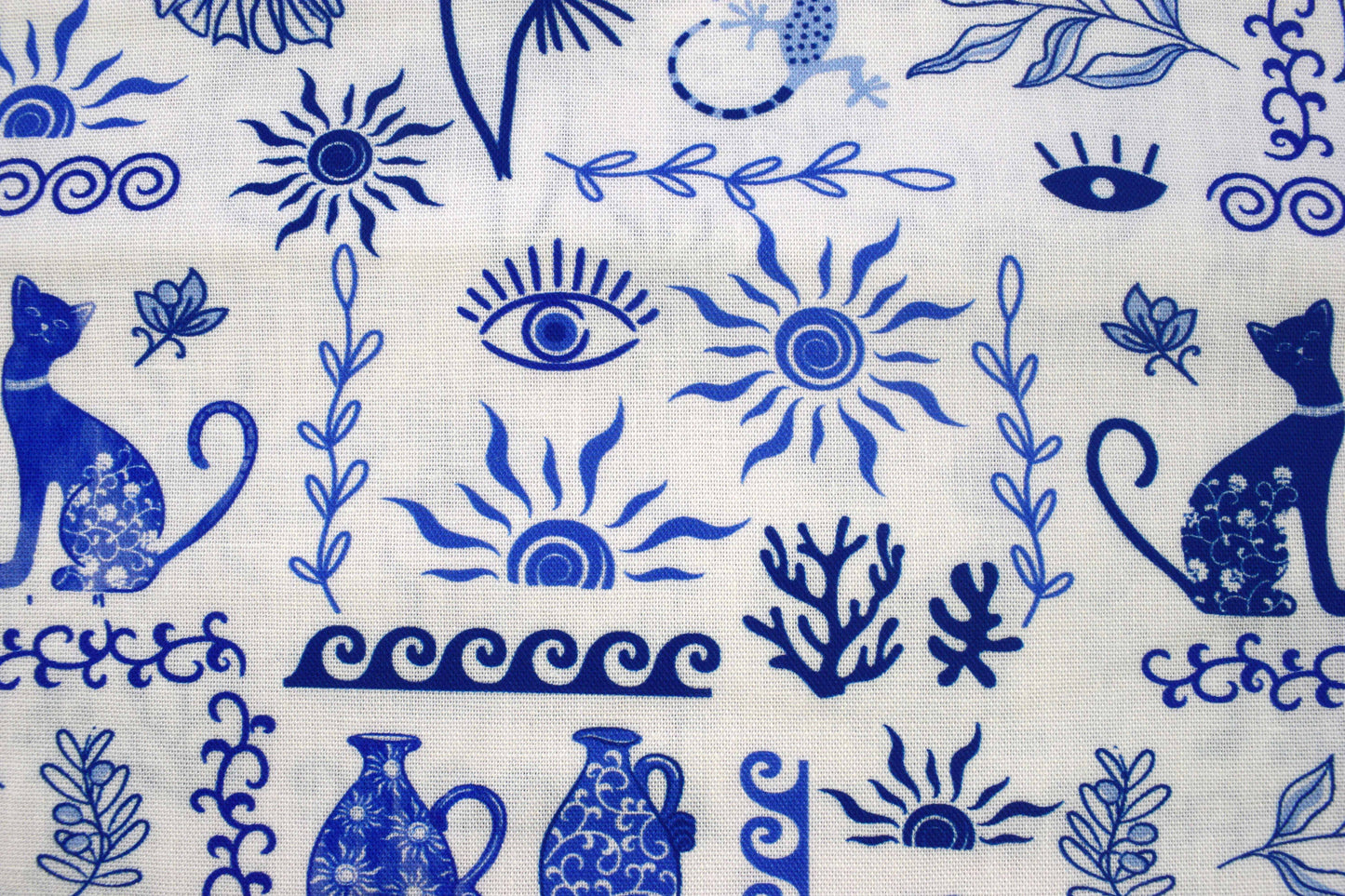 Blue Greek Mosaic Cats & Motifs Quilting Fabric - Price by Half Metre