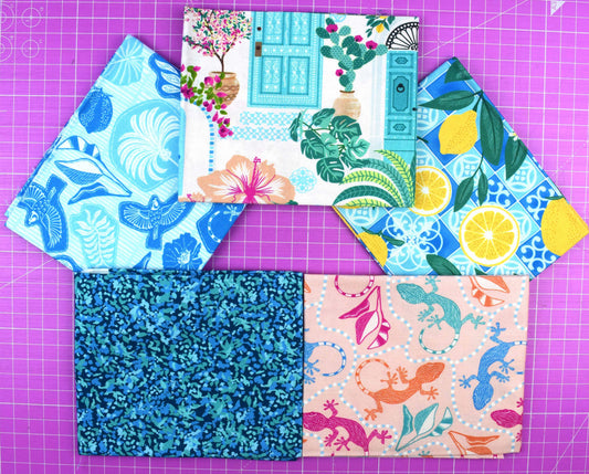 Mediterranean Tropical Cotton Fat Quarter Bundle – Birds Lemons Geckos Prints - The Quilt Sanctuary